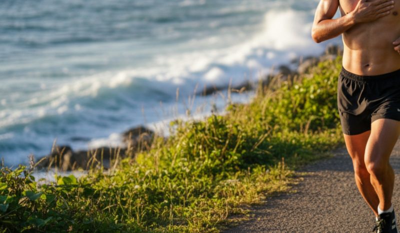 海岸を走る男性ランナー