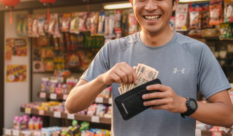 買い物をする男性ランナー