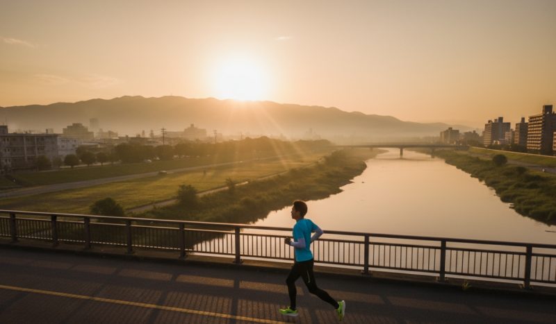 朝日の中で走る男性ランナー